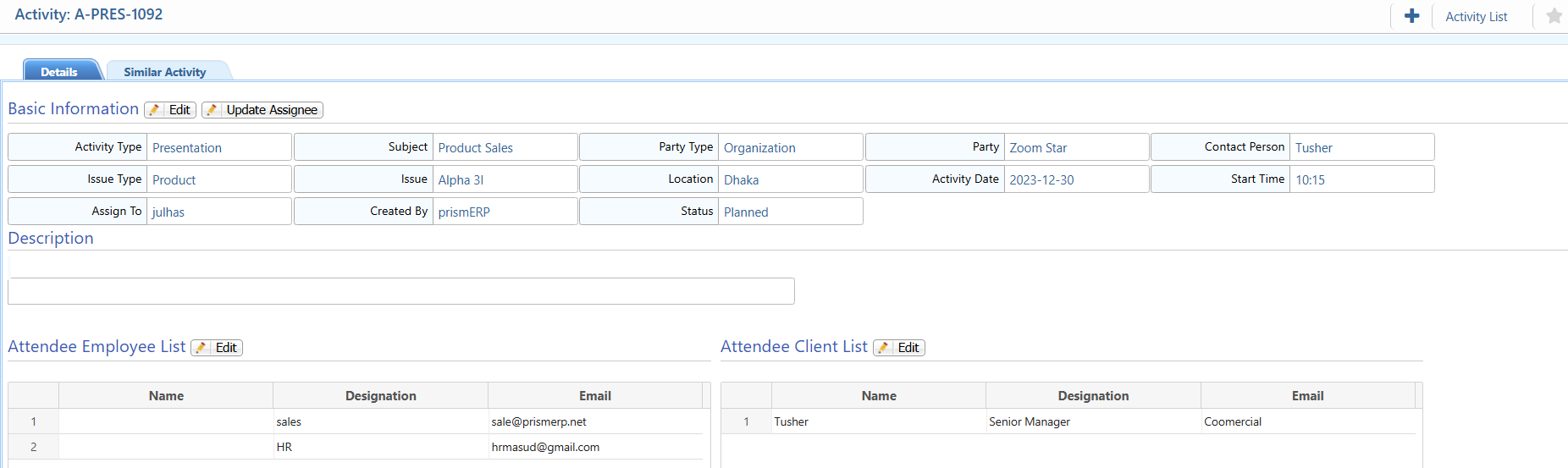 Activity Details View