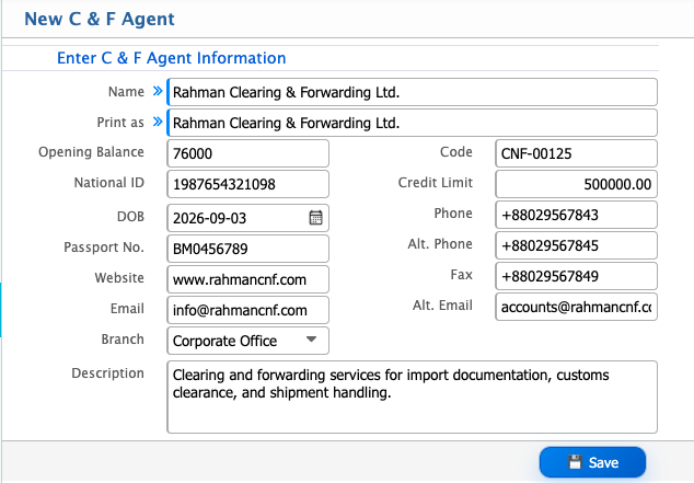 Add new C&amp;F Agent