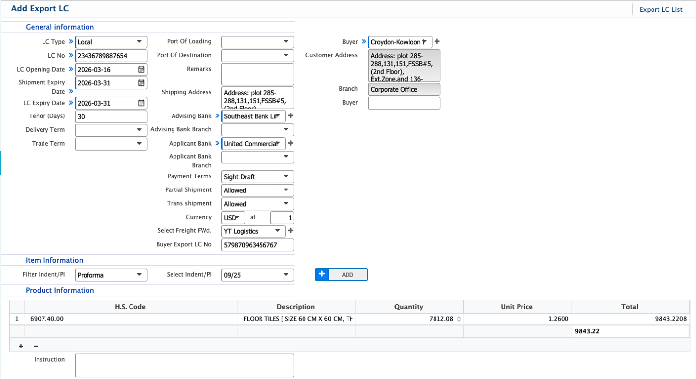 Add Export LC