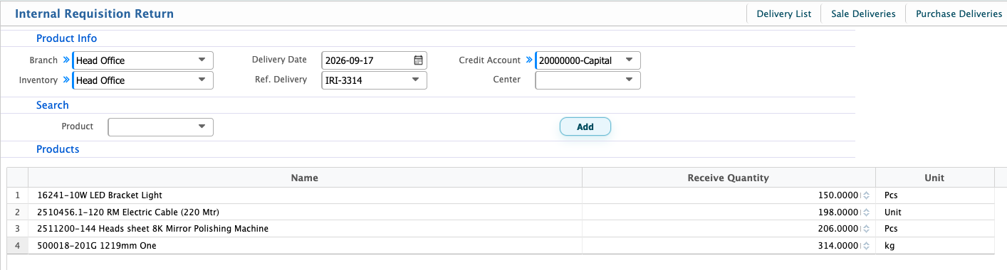 Add Internal Requisition Return
