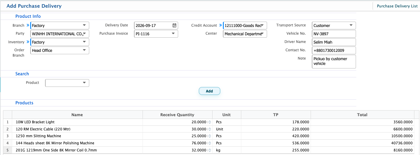 Add Purchase Delivery