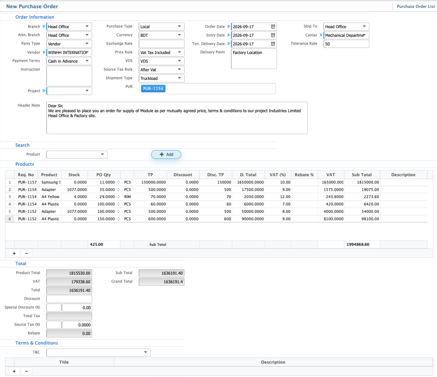 New Purchase Order