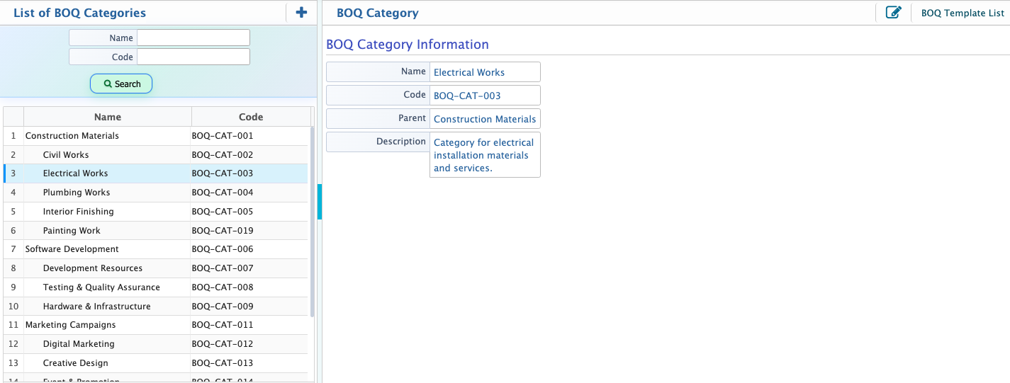 BOQ Category List