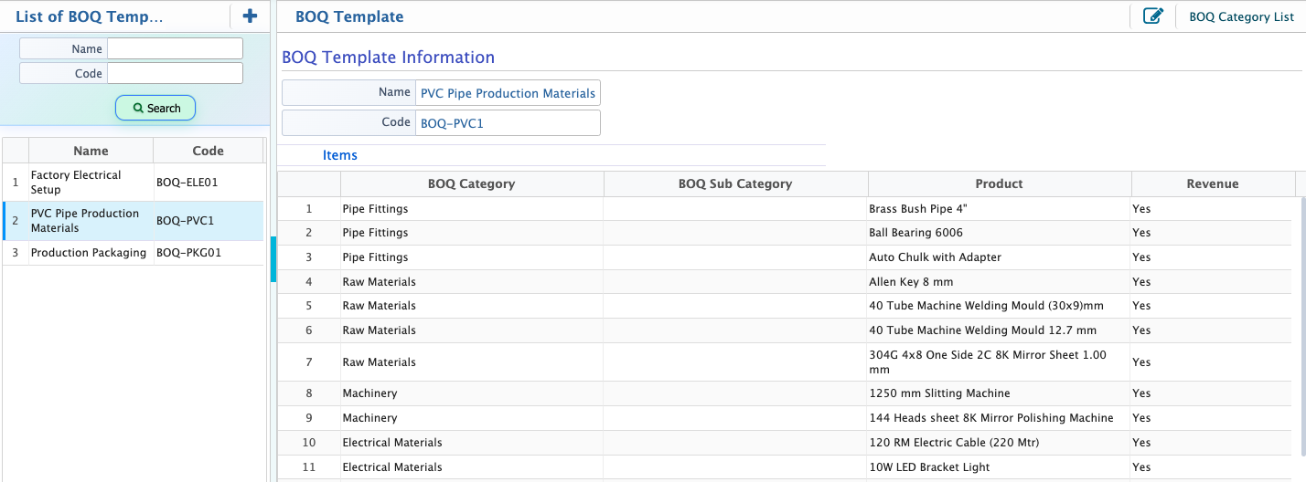 BOQ Template List