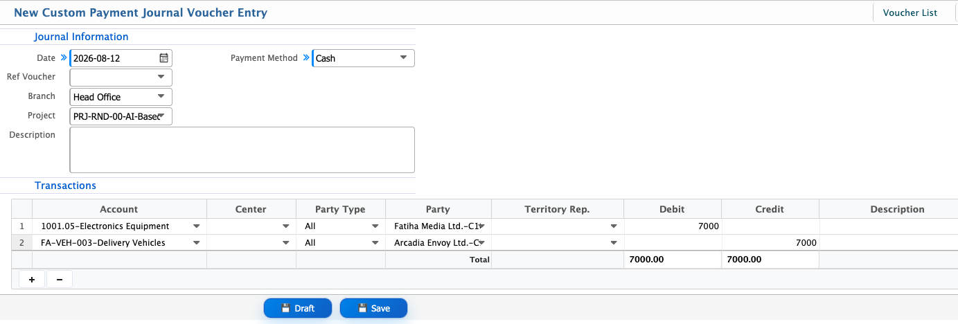 New Custom Payment Journal Voucher Entry