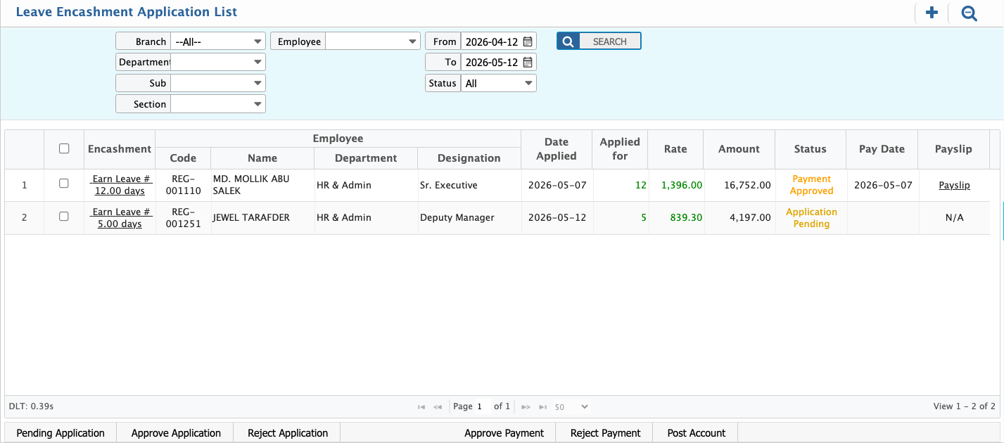 Encashment Application List