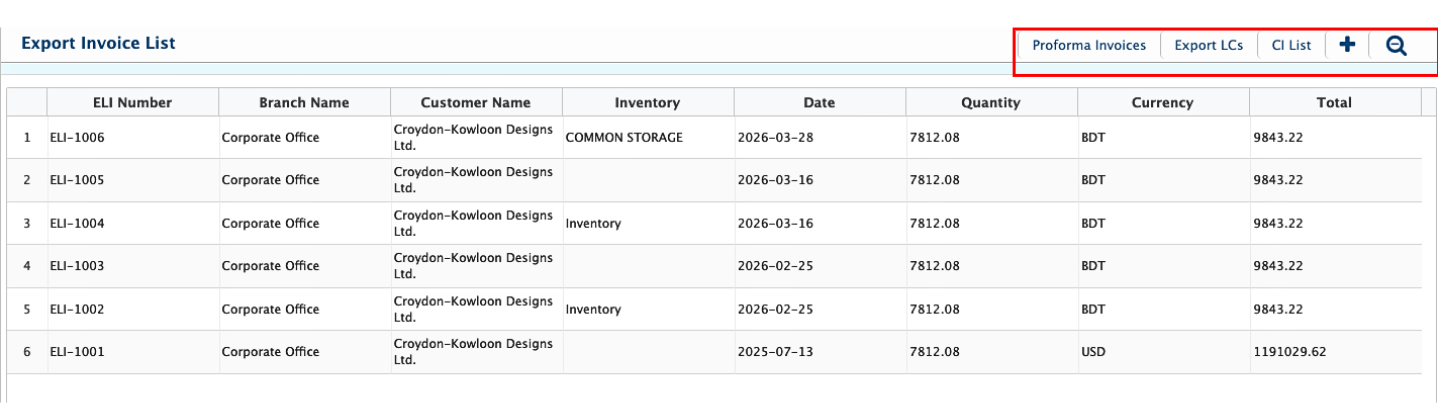 Export Invoice List