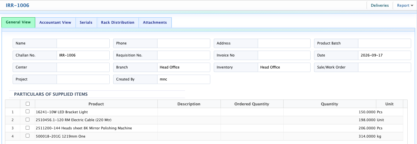 IRR Details View