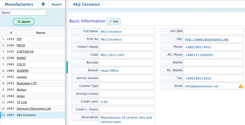 List of Product Manufacturer
