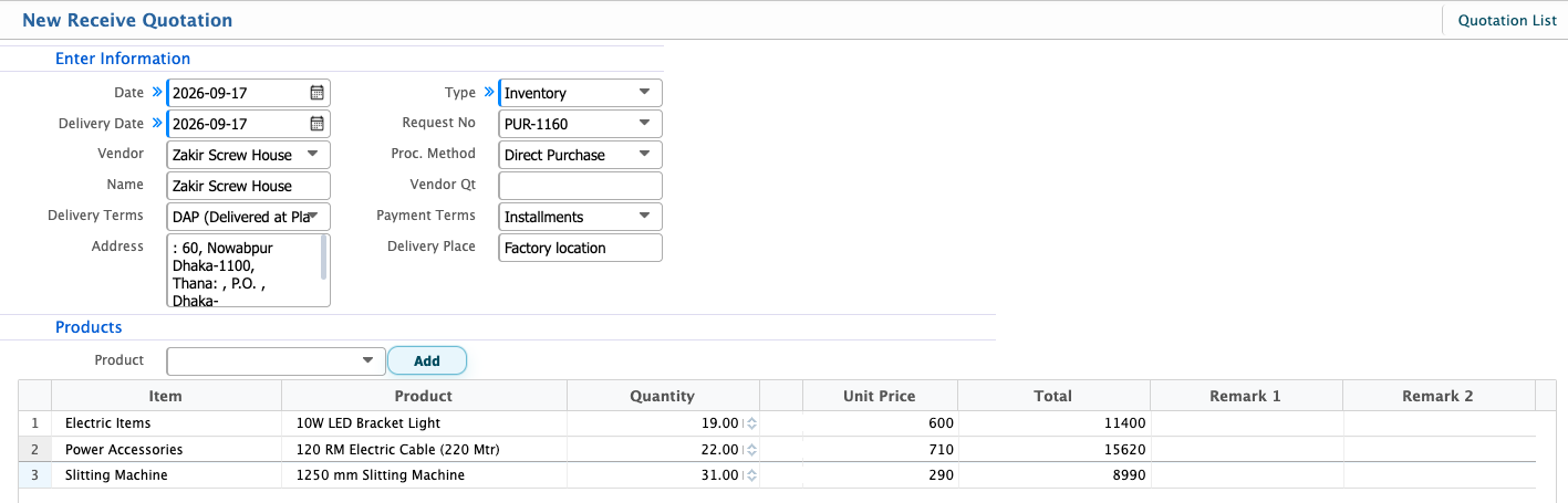 Receive Quotation