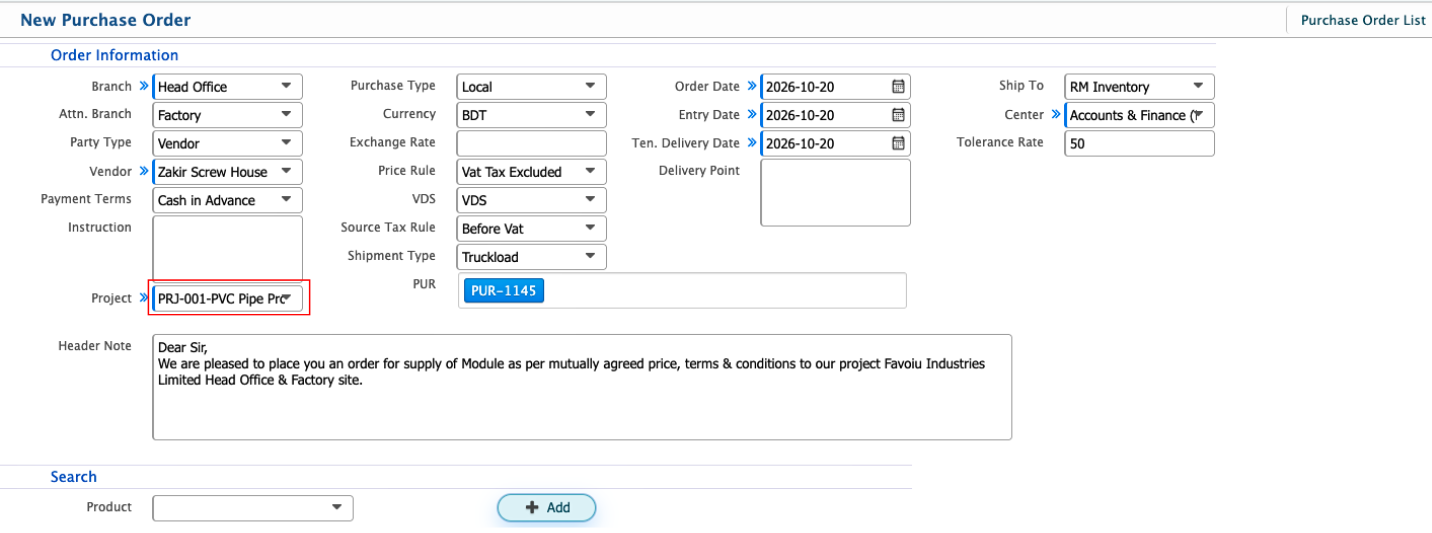 Project in Purchase Order