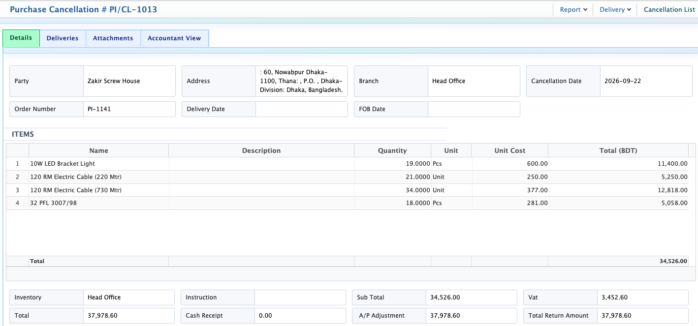 Purchase Cancellation Details View