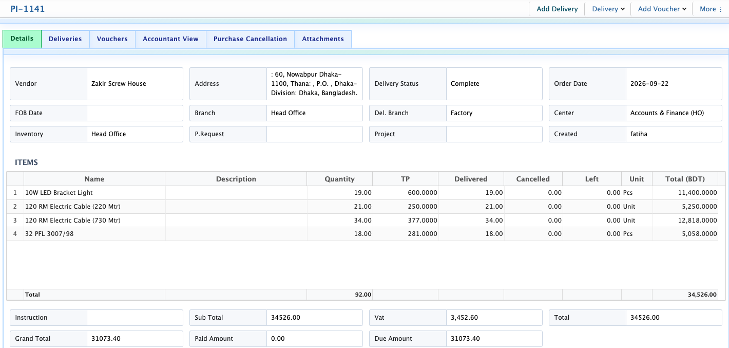 Purchase Invoice Details View