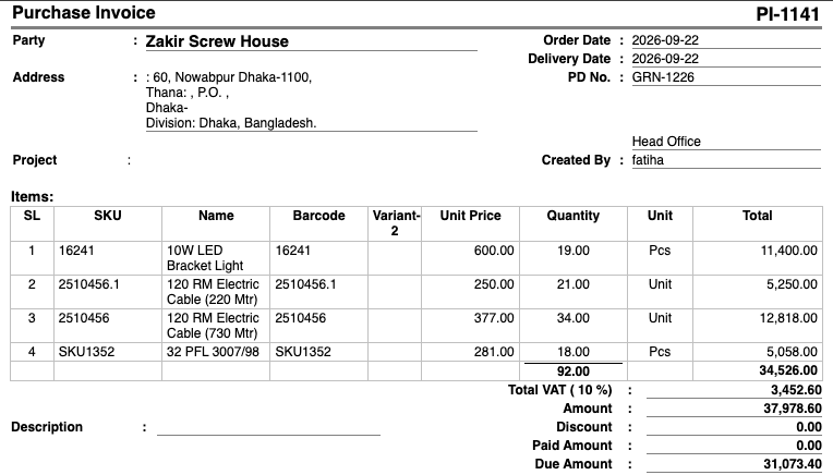 Purchase Invoice Report