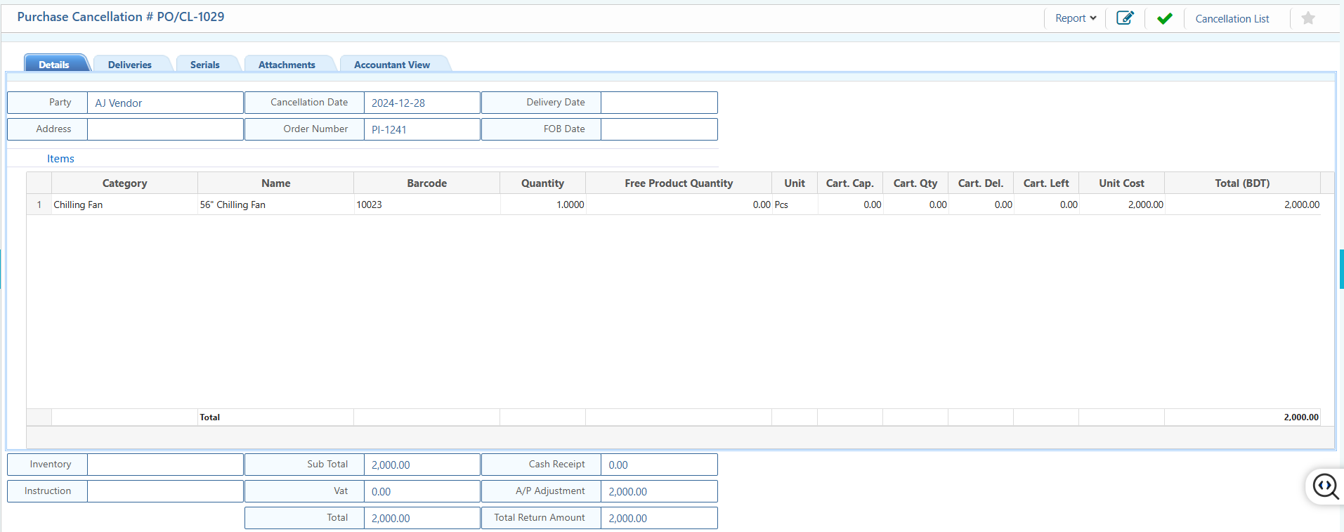 Purchase Cancellation Details View