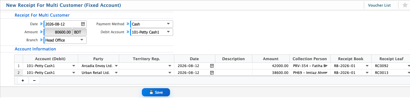 New Receipt for Multi-Customer Fixed Account