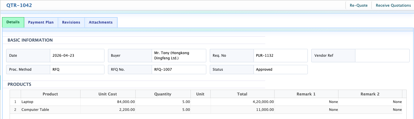 Receive Quotation