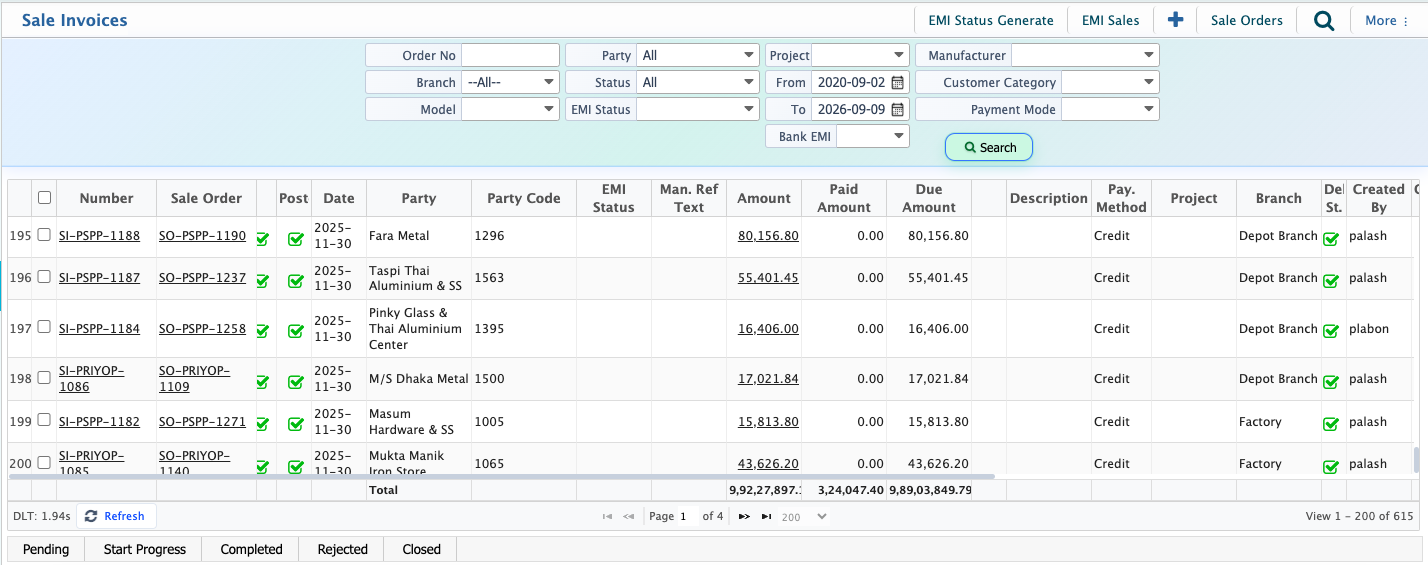 Sales invoice list