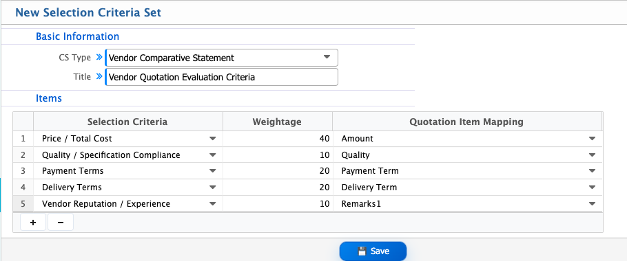 Selection Criteria Set