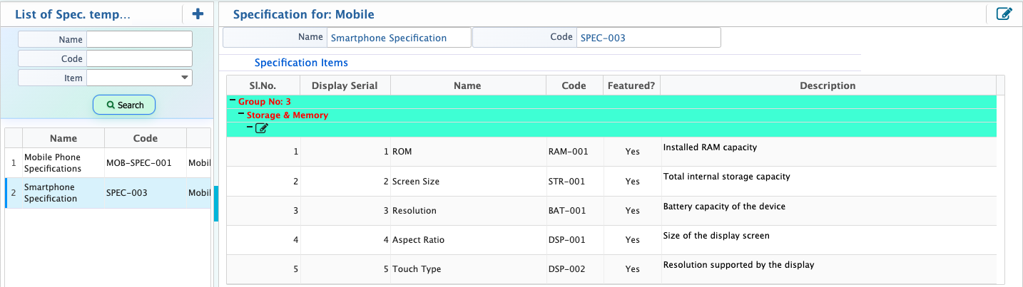 List Of Specification Template