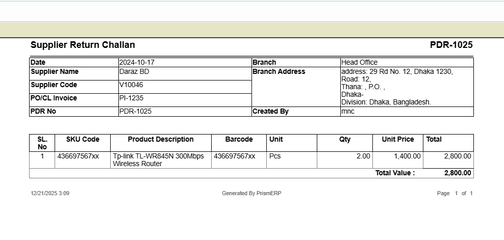 Supplier Return Challan Report