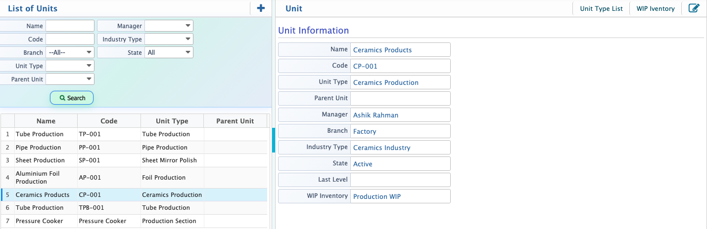 Production unit list