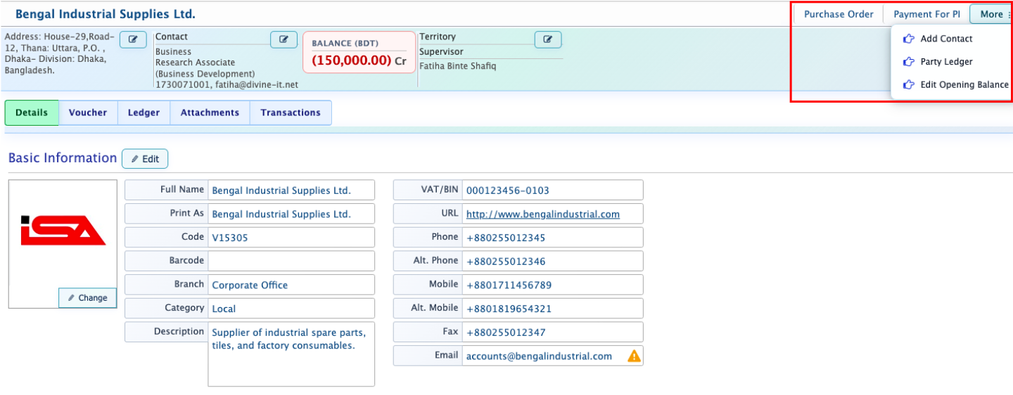Vendor Details View