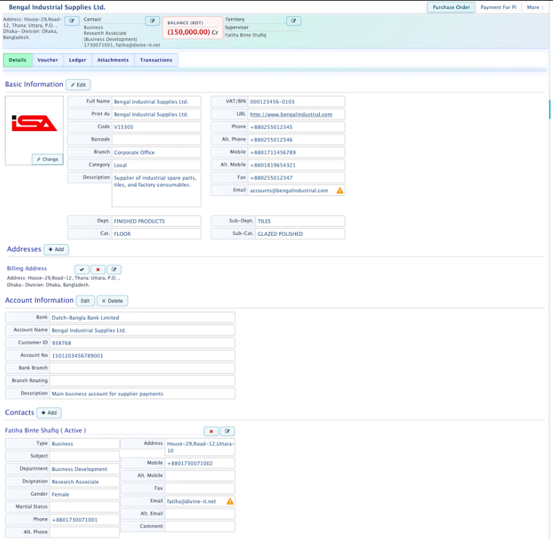 Vendor Details View