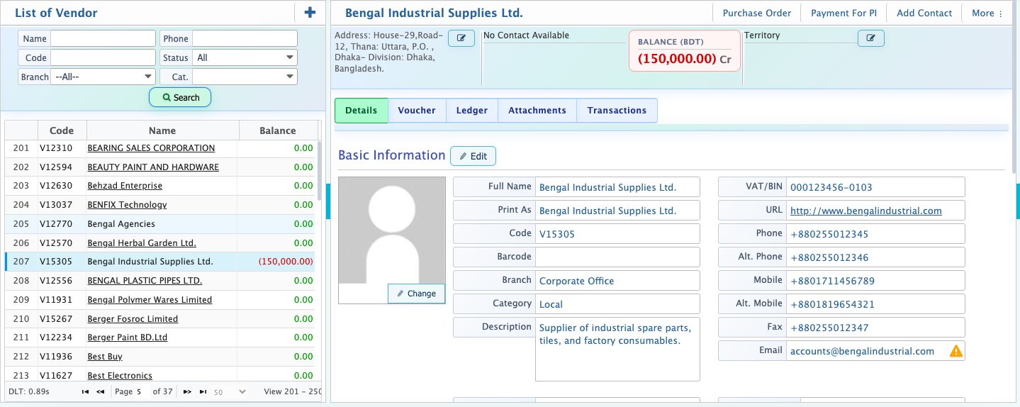 List of Vendor