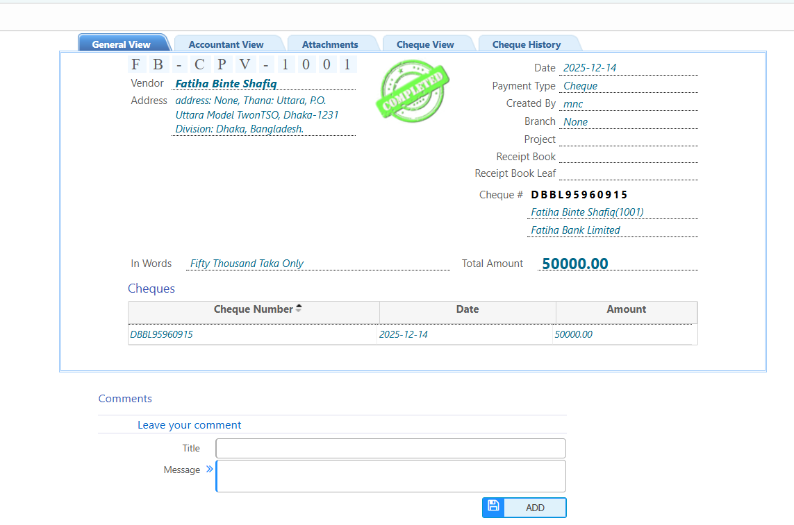 Issued Cheques General View