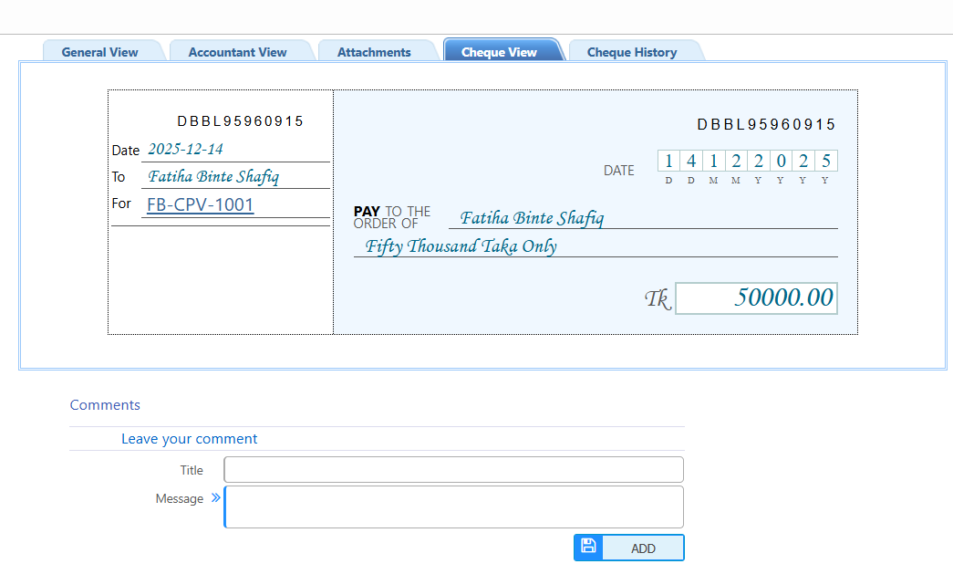 Issue Cheques Cheque View