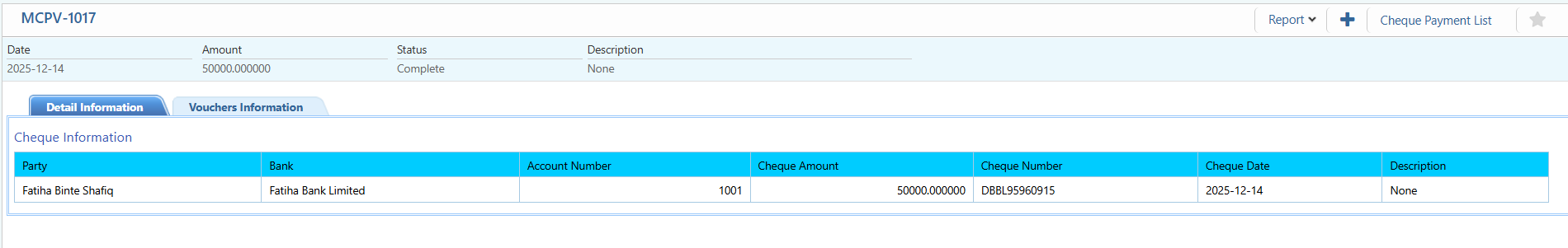 Cheque Payment Details View 1