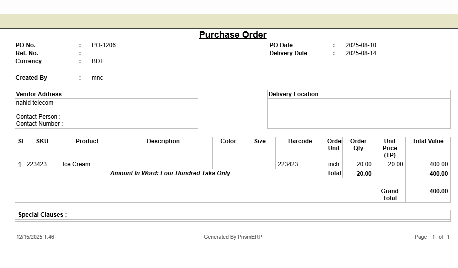 Purchase Order Report