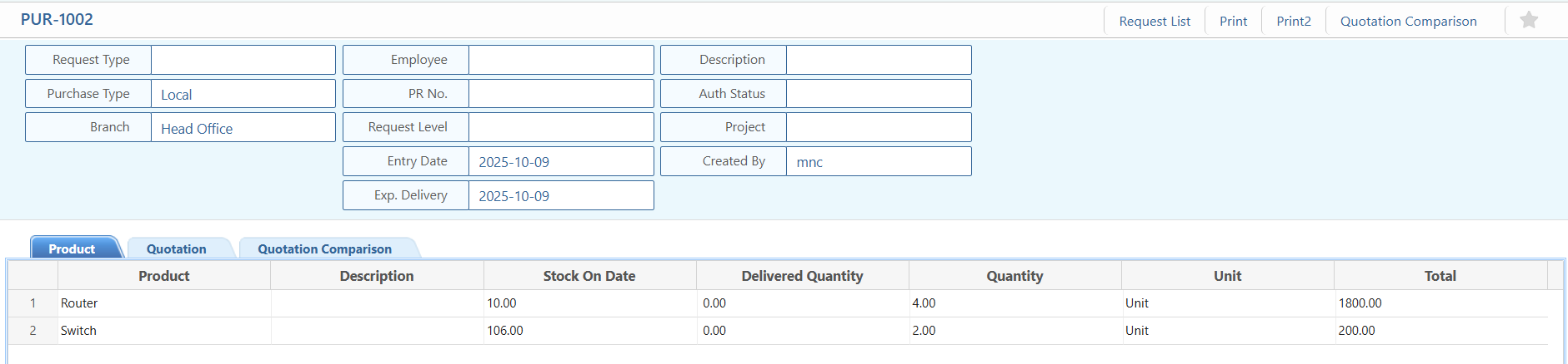 Purchase Request Details View