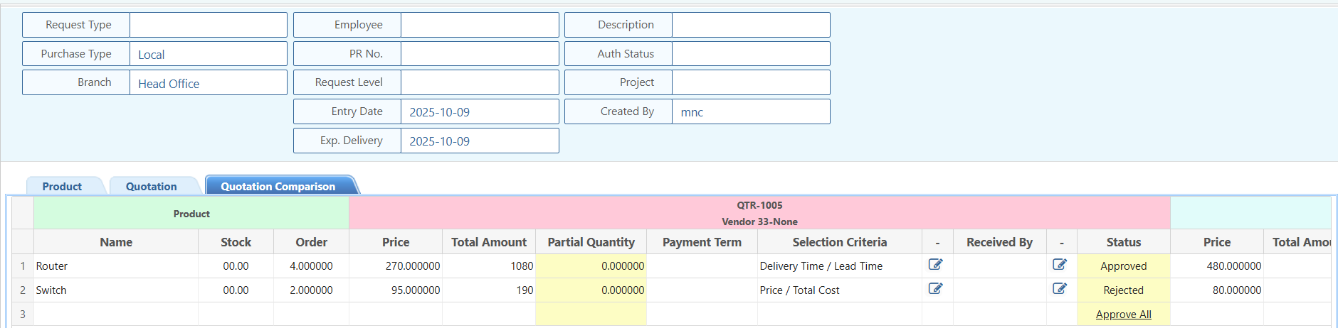 Purchase Request Quotation Comparison