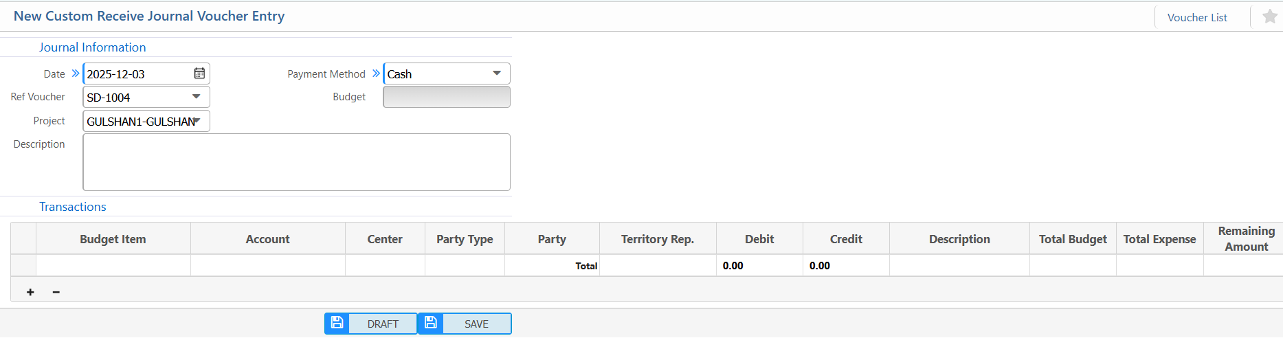 New Custom Receive Journal Voucher Entry