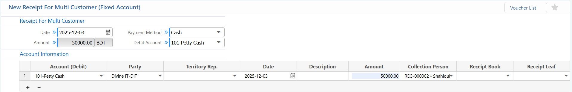 New Receipt for Multi-Customer Fixed Account